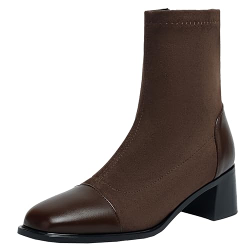 BULVJ Elastische Damenstiefeletten mit Quadratischer Zehenpartie und Reißverschluss und Kurzen Stiefeln mit Blockabsatz für Winter und Herbst von BULVJ