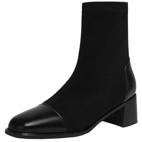 BULVJ Elastische Damenstiefeletten mit Quadratischer Zehenpartie und Reißverschluss und Kurzen Stiefeln mit Blockabsatz für Winter und Herbst von BULVJ