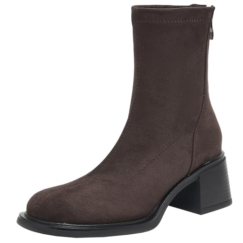 BULVJ Elastische Damenstiefeletten mit Reißverschluss, Kurzer Stiefel mit Runder Zehenpartie und Blockabsatz für Winter und Herbst von BULVJ