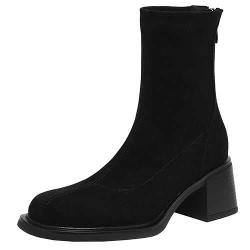 BULVJ Elastische Damenstiefeletten mit Reißverschluss, Kurzer Stiefel mit Runder Zehenpartie und Blockabsatz für Winter und Herbst von BULVJ