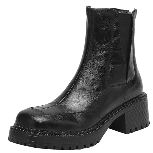 BULVJ Klassische Chelsea-Stiefeletten mit Quadratischer Zehenpartie, Kurze Stiefel mit Blockabsatz und Elastischen Seiten für Damen von BULVJ