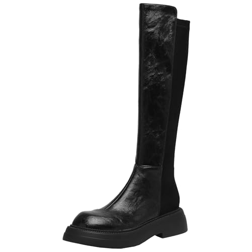 BULVJ Kniehohe Damenstiefel mit Runder Zehenpartie für Herbst und Winter, Bikerstiefel mit Reißverschluss Strahlen Eleganz aus von BULVJ