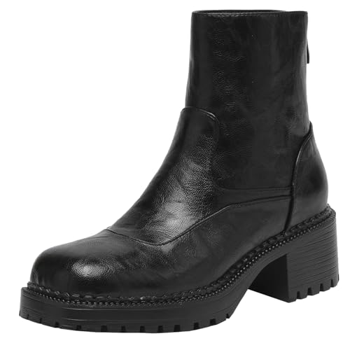 BULVJ Kurze Damenstiefel mit Blockabsatz und Plateau, Stiefeletten mit Quadratischem Reißverschluss für Lässige Outfits von BULVJ