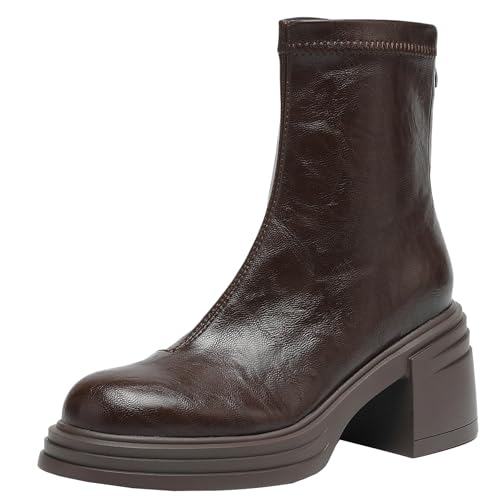 BULVJ Kurze Damenstiefel mit Reißverschluss Stiefeletten mit Blockabsatz und Runder Spitze für Street-/Retro-Looks von BULVJ