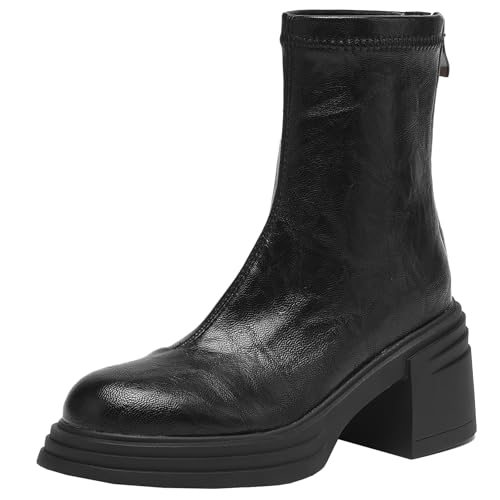 BULVJ Kurze Damenstiefel mit Reißverschluss Stiefeletten mit Blockabsatz und Runder Spitze für Street-/Retro-Looks von BULVJ