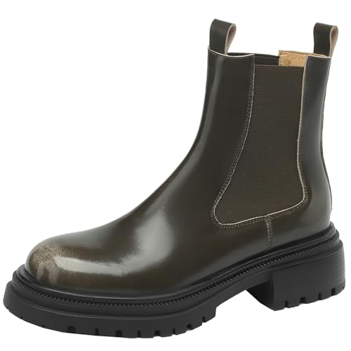 BULVJ Kurze Damenstiefel mit Runder Zehenpartie, Slip-on-Stiefeletten aus Leder für den Täglichen Gebrauch von BULVJ
