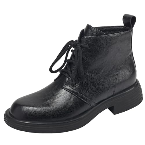 BULVJ Kurze Herbst/Winter-Stiefeletten für Damen, Runde Spitze, Stiefeletten aus Echtem Rindsleder von BULVJ