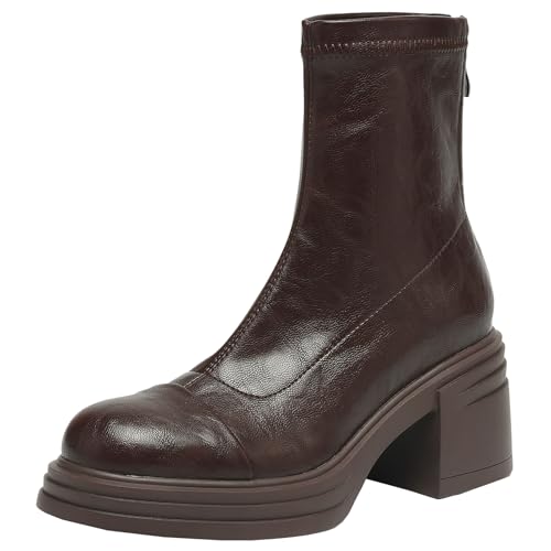 BULVJ Kurze Retro-Stiefel für Damen, Runde Zehenpartie und Plateau, Stiefeletten mit Blockabsatz für den Täglichen Gebrauch von BULVJ