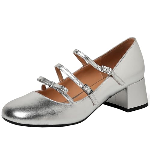 BULVJ Mary Jane Damenschuhe mit Runder Zehenpartie und Blockabsatz - Kreuzriemen, Obermaterial und Futter aus Weichem Leder, Klobiger High Heel für Mehr Komfort von BULVJ