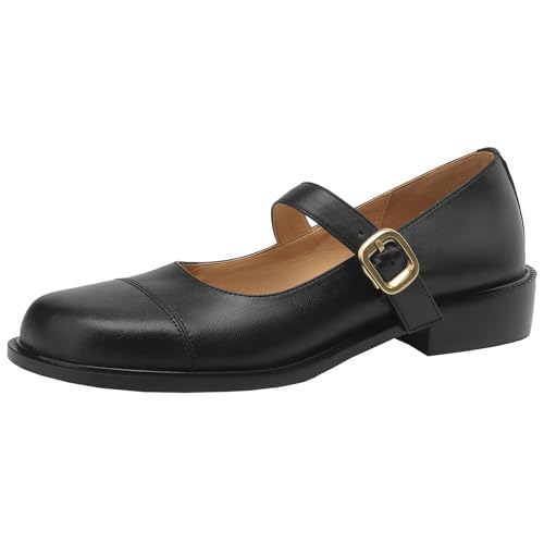 BULVJ Mary Jane Schuhe aus Echtem Leder mit Runder Zehenpartie Pumps mit Niedrigem Blockabsatz und Schnallenverschluss für Damen von BULVJ