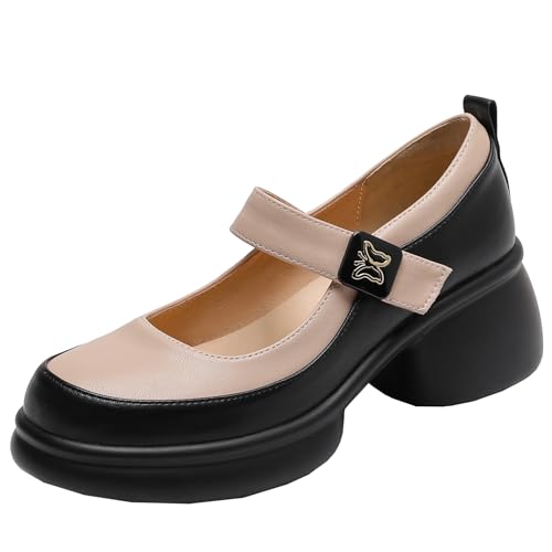 BULVJ Mary Jane Schuhe mit Farbblock für Damen Pumps mit Runder Spitze mit Blockabsatz von BULVJ