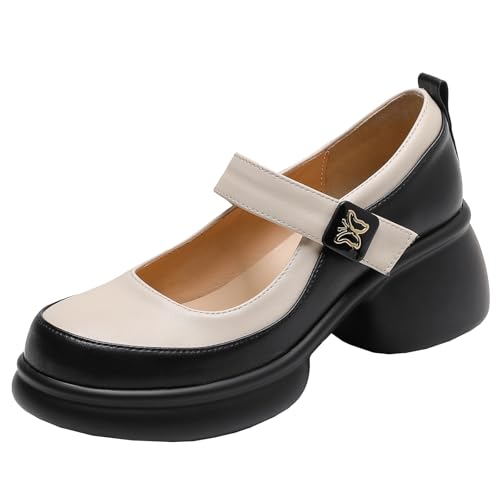 BULVJ Mary Jane Schuhe mit Farbblock für Damen Pumps mit Runder Spitze mit Blockabsatz von BULVJ