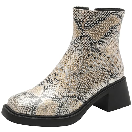 BULVJ Modische Damen Stiefeletten mit Animal-Print Stiefeletten mit Blockabsatz und Reißverschluss von BULVJ