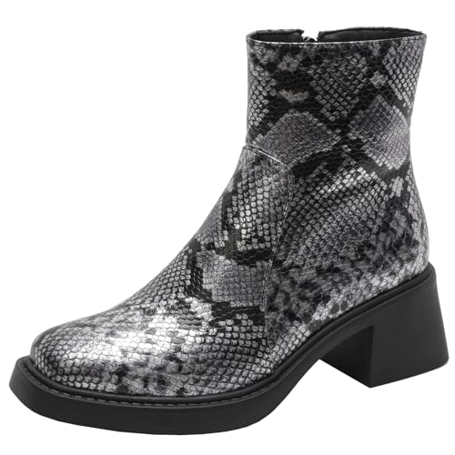 BULVJ Modische Damen Stiefeletten mit Animal-Print Stiefeletten mit Blockabsatz und Reißverschluss von BULVJ