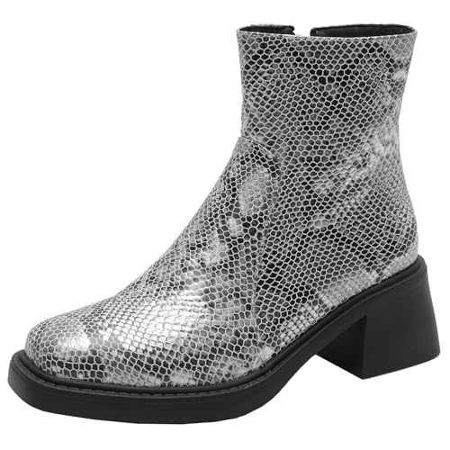 BULVJ Modische Damen Stiefeletten mit Animal-Print Stiefeletten mit Blockabsatz und Reißverschluss von BULVJ
