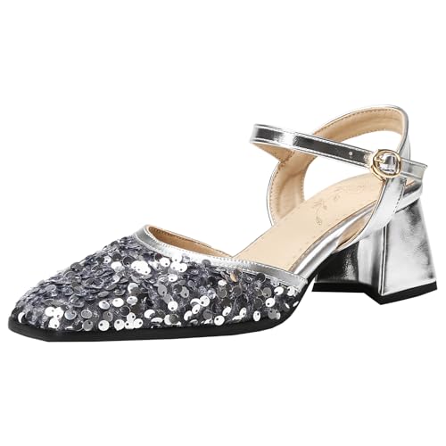 BULVJ Modische Paillettensandalen für Damen Slingback-Anzugschuhe mit Blockabsatz und Quadratischer Spitze von BULVJ