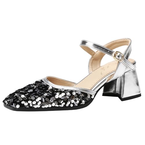 BULVJ Modische Paillettensandalen für Damen Slingback-Anzugschuhe mit Blockabsatz und Quadratischer Spitze von BULVJ