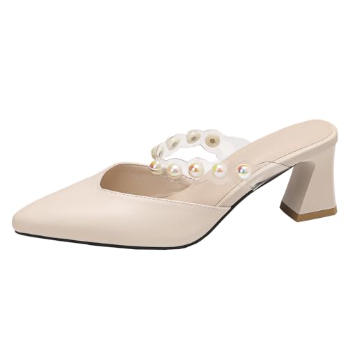 BULVJ Pantoletten mit Blockabsatz und Spitzer Zehe Sandalen Slip-On-Schuhe für Damen, Minimalistisches Design für Jeden Anlass von BULVJ