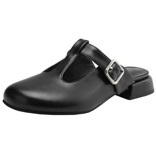 BULVJ Pantoletten mit Runder Zehenpartie für Damen Blockabsatz T-Straps Sandalen mit Einfarbigen von BULVJ