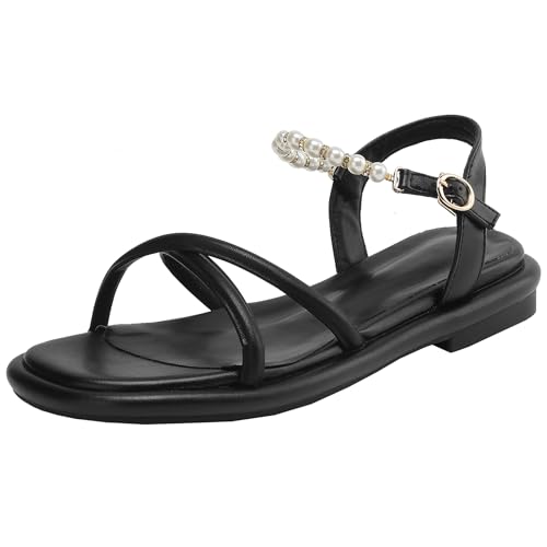 BULVJ Perlenbesetzte Sandalen mit Flachem Absatz für Damen - Knöchelriemen Offene runde Zehenpartie Sommerkleid Schuhe BULVJ Perlenbesetzte Sandalen mit Flachem Absatz für Damen - Knöchelriemen Offene runde Zehenpartie Sommerkleid Schuhe von BULVJ