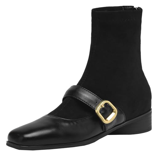 BULVJ Quadratische Damenstiefeletten mit Metallschnalle - Reißverschlussdesign, Blockabsatz, Warmes Innenfutter, Perfekt für Kleider und Hosen in der kalten Jahreszeit von BULVJ