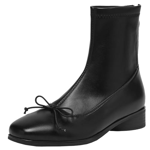 BULVJ Quadratische Damenstiefeletten mit Schleifendetail - Kurze Stiefel mit Reißverschluss und Blockabsatz, Perfekt für Kleider und Hosen im Winter und Herbst von BULVJ