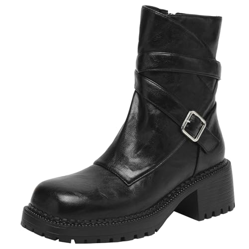 BULVJ Stiefeletten mit Quadratischer Zehenpartie für Damen, Blockabsatz und Reißverschluss, Plateau-Kampfstiefel für Ausgefallene Looks von BULVJ