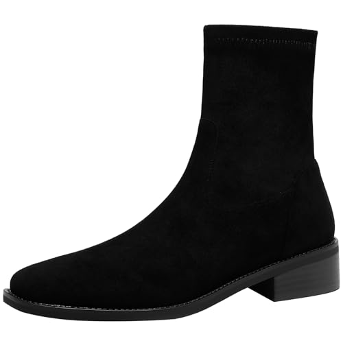 BULVJ Stiefeletten mit Quadratischer Zehenpartie für Damen mit Komfortablem Niedrigem Blockabsatz, Slip-on-Stiefeletten und Warmem Futter, um Verschiedene Wintermode-Looks zu Kreieren von BULVJ