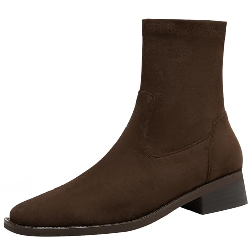 BULVJ Stiefeletten mit Quadratischer Zehenpartie für Damen mit Komfortablem Niedrigem Blockabsatz, Slip-on-Stiefeletten und Warmem Futter, um Verschiedene Wintermode-Looks zu Kreieren von BULVJ