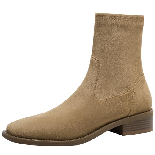 BULVJ Stiefeletten mit Quadratischer Zehenpartie für Damen mit Komfortablem Niedrigem Blockabsatz, Slip-on-Stiefeletten und Warmem Futter, um Verschiedene Wintermode-Looks zu Kreieren von BULVJ