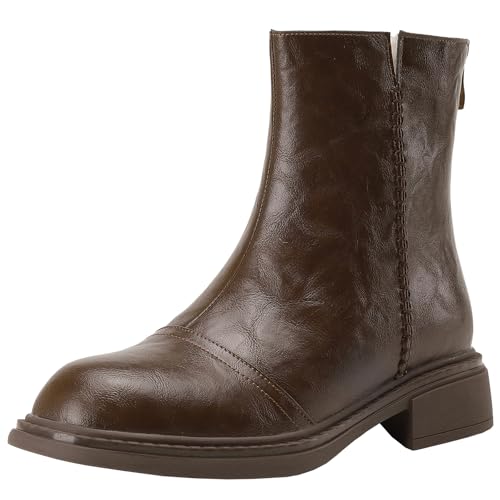 BULVJ Winterstiefeletten mit Runder Zehenpartie für Damen, Stiefeletten aus Echtem Rindsleder mit Reißverschluss und Blockabsatz von BULVJ