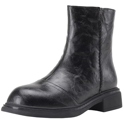 BULVJ Winterstiefeletten mit Runder Zehenpartie für Damen, Stiefeletten aus Echtem Rindsleder mit Reißverschluss und Blockabsatz von BULVJ