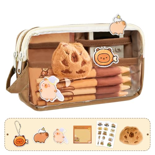 BULZEU Capybara Federmäppchen, Capybara Schreibwaren-Tasche, transparent, niedliches Capybara-Federmäppchen mit Fächern, breite Öffnung, Bleistifttasche für Kinder, Schreibwaren, Kosmetik, von BULZEU
