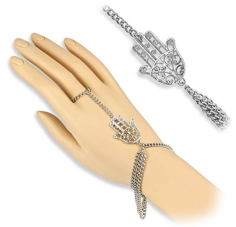 BUNGSA Bauchketten und Fußketten Set Handkette Hamsa Charm Silber aus Messing Damen (1-tlg), Fingerkette Damen von BUNGSA