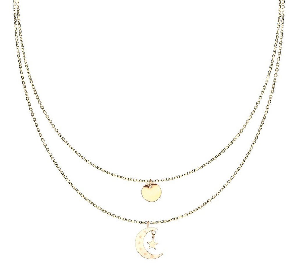 BUNGSA Kette mit Anhänger Kette Doppelkette Plättchen, Mond und Sterne gold aus Edelstahl Damen (1-tlg), Halskette Necklace von BUNGSA