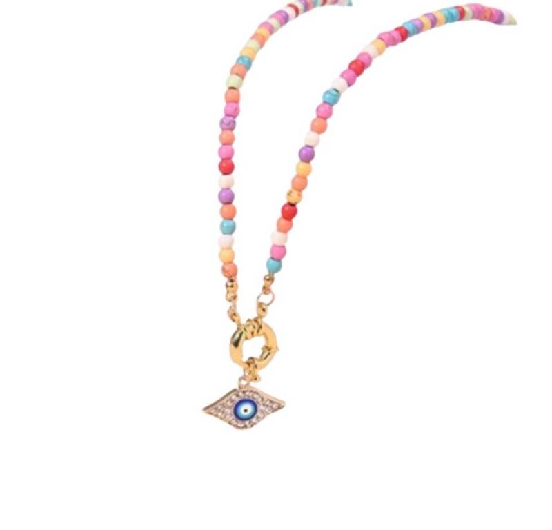BUNGSA Kette mit Anhänger Perlenkette Choker pastell/goldfarben + Evil Eye Messing Damen (1-tlg), Halskette Necklace von BUNGSA