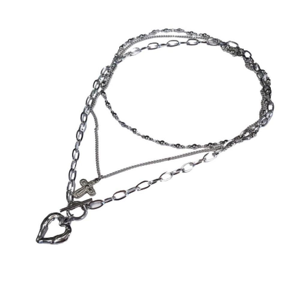 BUNGSA Ketten-Set Layerkette dreifach mit Herz und Kreuz silber aus Edelstahl Damen (1-tlg), Halskette Necklace von BUNGSA