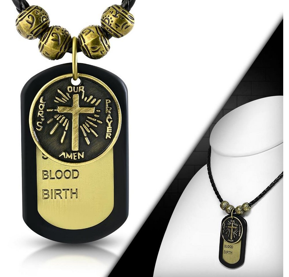 BUNGSA Lederband Kette für Biker Leder Messing Herren Dog Tag Kreuz / schwarz gewebt (1-tlg., inkl. Schmuckbeutel aus Organza), Halskette Necklace von BUNGSA