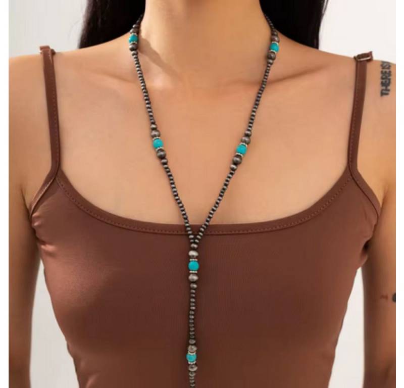 BUNGSA Y-Kette Perlen grau/türkis Karabinerverschluss Damen (1-tlg), Halskette Necklace von BUNGSA