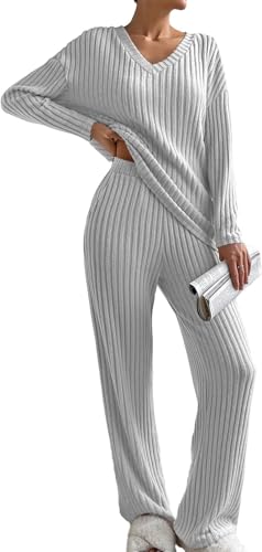 BUNSLOOM 2 Teilige Damen Herbst Outfits Langarm Trainingsanzüge Lässige Leicht Elegante Oberteile Weite Hosen Pyjama Sets von BUNSLOOM