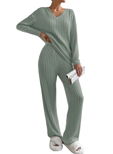 BUNSLOOM 2 Teilige Damen Herbst Outfits Langarm Trainingsanzüge Lässige Leicht Elegante Oberteile Weite Hosen Pyjama Sets von BUNSLOOM