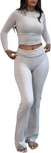 BUNSLOOM 2 Teilige Damen Outfits Rundhals Langarm Oberteile Schlaghose mit Umschlag Taillierte Pyjama Sets Zweiteiler Outfit von BUNSLOOM