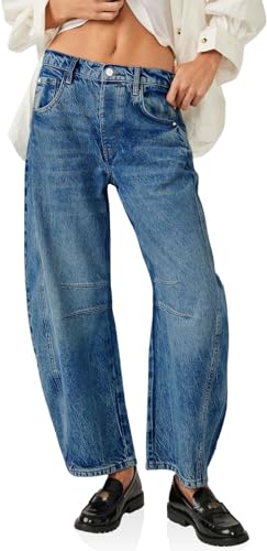 BUNSLOOM Barrel Jeans für Frauen Trendy High Waisted Wide Leg Baggy Boyfriend Jeans Mid Rise Denim Ankle Pants with Pockets von BUNSLOOM