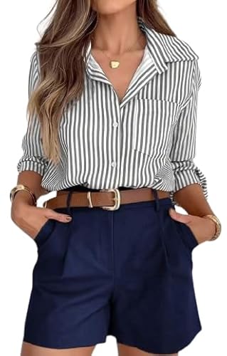 BUNSLOOM Bluse Damen Gestreift Langarm Elegant Büro Kragen Knopfleiste Tasche von BUNSLOOM