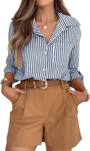 BUNSLOOM Bluse Damen Gestreift Langarm mit Knopfleiste Tasche Elegant Hemd Stil von BUNSLOOM