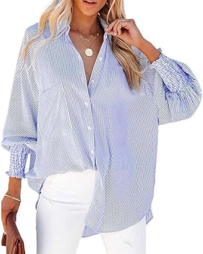 BUNSLOOM Bluse Damen Langarm Gestreift Oversize Hemdbluse mit Knopfleiste Smocked Bündchen Tasche Shirred Stil von BUNSLOOM