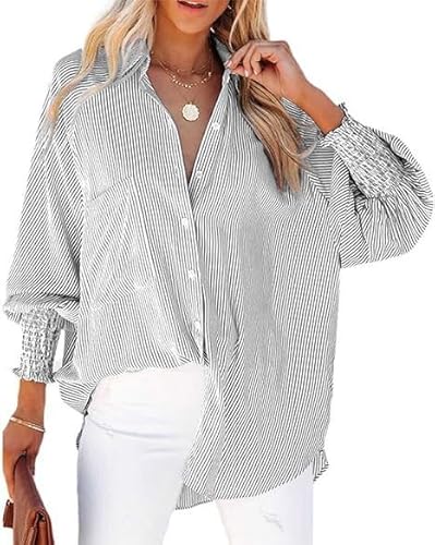BUNSLOOM Bluse Damen Langarm Gestreift Oversize Hemdbluse mit Knopfleiste Smocked Bündchen Tasche Shirred Stil von BUNSLOOM