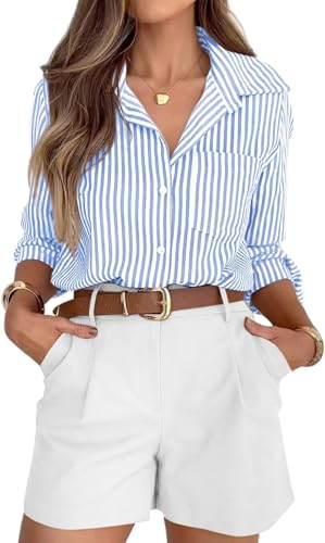 BUNSLOOM Bluse Damen Langarm Streifen Tunika Elegant Büro Casual Hemd Knöpfe von BUNSLOOM