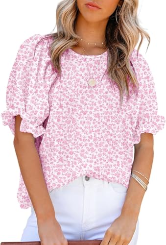 BUNSLOOM Bluse Damen Sommer Blumenmuster Rundhals Kurzarm Babydoll Oberteil Lockeres Shirt von BUNSLOOM