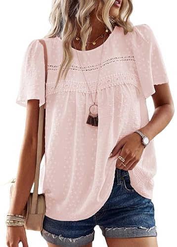 BUNSLOOM Bluse Damen Sommer Chiffon Kurzarm Rundhals Spitze Saum Boho Stil Locker Elegant von BUNSLOOM